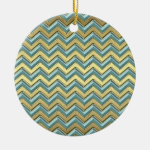 Ornement Rond En Céramique Or et Turquoise Motif Chevron