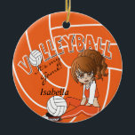 Ornement Rond En Céramique Orange Girly Volleyball<br><div class="desc">🥇 UN DESIGN D'ART ORIGINAL DE DROIT D'AUTEUR DE Donna Siegrist SEULEMENT DISPONIBLE SUR ZAZZLE! do-it-yourself Joueur de volley-ball Sport Ornements de Noël. Ornement mariage ou anniversaire. REMARQUE : SEULEMENT CHANGER LES ZONES MODÈLES NÉCESSAIRES! 😀 Si nécessaire, vous pouvez supprimer le texte et commencer à ajouter le texte et la...</div>