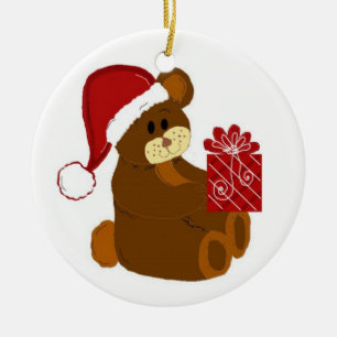 Ornement Rond En Céramique Ours en peluche avec chapeau de Père Noël et prése