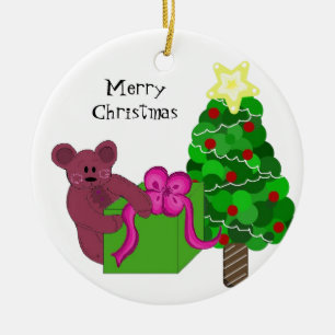 Ornement Rond En Céramique Ours en peluche avec sapin de Noël
