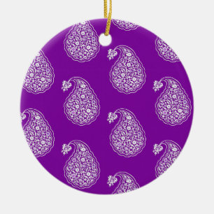 Ornement Rond En Céramique Paisley perse - blanc sur violet
