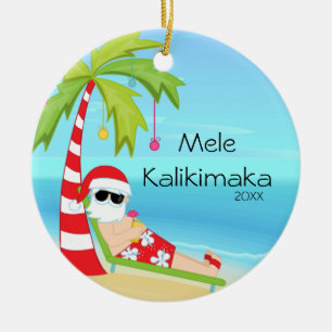 Ornement Rond En Céramique Palmier à Noël relaxant Santa Hawaïen
