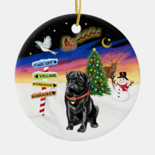 Ornement Rond En Céramique Pancartes de Noël - Pug noir
