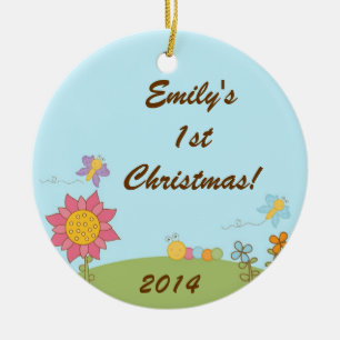 Ornement Rond En Céramique Papillon d'insectes de printemps Nom personnalisé