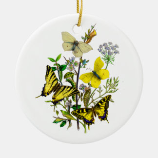 Ornement Rond En Céramique Papillons de jaune et de machaon