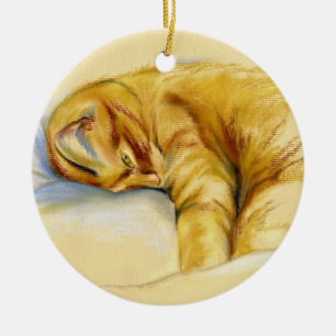 Ornement Rond En Céramique Pastel Chat - Pose Relaxante Tabby Orange