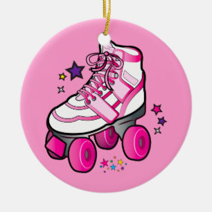 Ornement Rond En Céramique Patin de rouleau dans le rose avec des étoiles