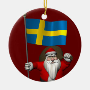 Ornement Rond En Céramique Père Noël Avec Drapeau De Suède
