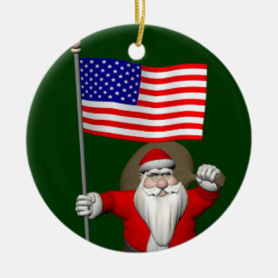 Ornement Rond En Céramique Père Noël Avec L'Enseigne Des Etats-Unis