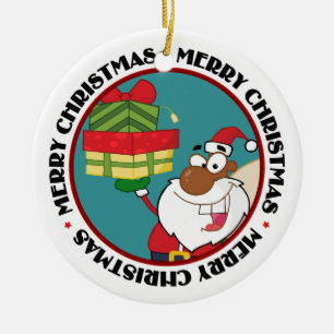 Ornement Rond En Céramique Père Noël noire avec cadeaux
