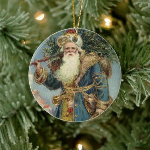 Ornement Rond En Céramique Père Noël victorien vintage avec sapin de Noël