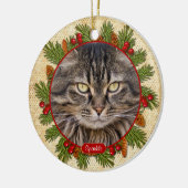 Ornement Rond En Céramique Pet Cat Memorial Pine Boughs Holly Photo Noël (Gauche)
