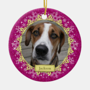 Ornement Rond En Céramique Pet Dog Memorial Pink Snowflake Photo Noël