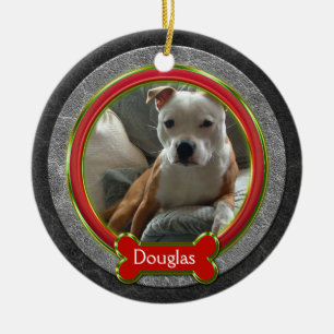 Ornement Rond En Céramique Photo de chien rouge vert gris cuir Noël