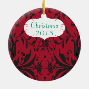 Ornement Rond En Céramique Photo de famille de Noël Lustre rouge #3 Damask