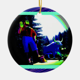 Ornement Rond En Céramique Photo de Paul Bunyan et de boeuf numériquement
