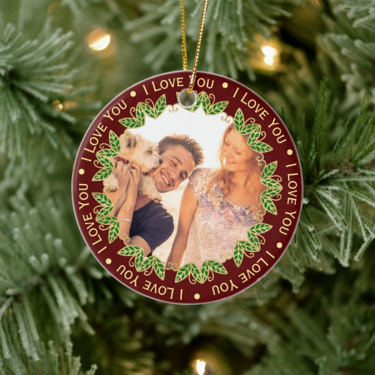 Ornement Rond En Céramique Photo et texte modifiable | Élégant Rouge & Or (Arbre)