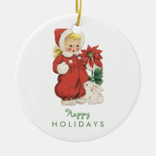 Ornement Rond En Céramique Photo rouge de poinsettia de rétro fille mignonne
