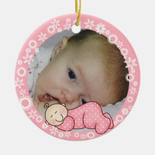 Ornement Rond En Céramique Pink Snowflake Baby 1er Ornament de Noël