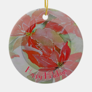 Ornement Rond En Céramique Poinsettias rouges avec votre texte circulaire