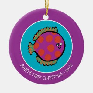 Ornement Rond En Céramique Poisson rose et orange Polka-Dot