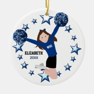 Ornement Rond En Céramique Pom-pom girl de brune Pom Poms dans le bleu et le