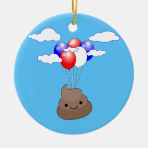 Ornement Rond En Céramique Poo Emoji Voler Avec Des Ballons Dans Le Ciel Bleu