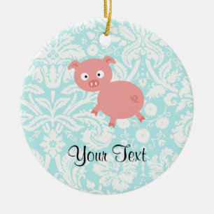 Ornement Rond En Céramique Porc rose mignon ; Damassé turquoise