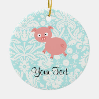 Ornement Rond En Céramique Porc rose mignon ; Damassé turquoise