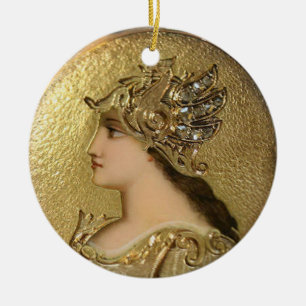ORNEMENT ROND EN CÉRAMIQUE PORTRAIT D'ATHENA AVEC DES GOLDEN HELMET ET DES GR