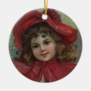 Ornement Rond En Céramique Portrait d'enfant victorien de Noël avec un chapea
