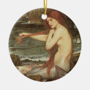 ORNEMENT ROND EN CÉRAMIQUE PORTRAIT D'UNE CHEVELURE ROUGE VINTAGE DE SIRÈNE