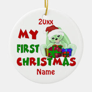 Ornement Rond En Céramique Premier lapin de Noël de Babys personnalisé