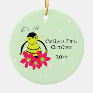 Ornement Rond En Céramique Premier Noël du bébé d'abeille mignonne