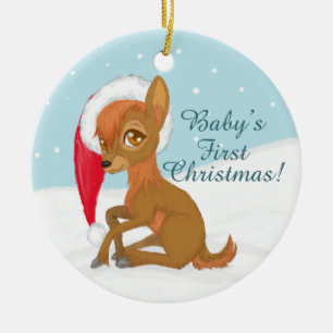 Ornement Rond En Céramique Premier Noël du bébé (renne)