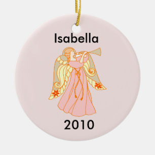 Ornement Rond En Céramique Premier Noël du bébé rose d'ange