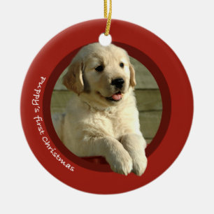 Ornement Rond En Céramique Premier Noël du chiot (golden retriever)