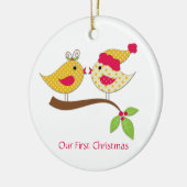 Ornement Rond En Céramique Premier Noël Jaune Polka Inséparables (Gauche)