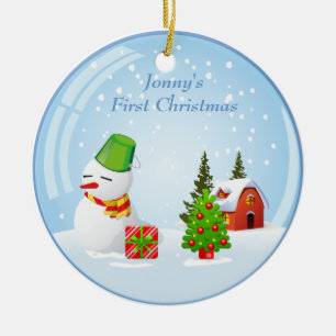Ornement Rond En Céramique Premier Noël Snowball mignon du bébé personnali