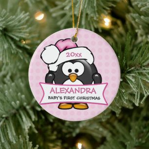 Ornement Rond En Céramique Premier pingouin de Noël pour bébé personnalis