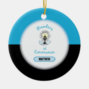 Ornement Rond En Céramique Première communion de petit-fils, tasse bleue