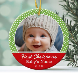 Ornement Rond En Céramique Première photo de Noël du bébé - Pois vert rou