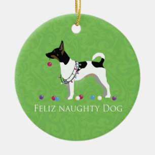 Ornement Rond En Céramique Rat Terrier Feliz Naughty Dog Christmas