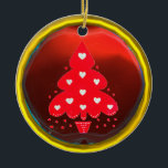 Ornement Rond En Céramique RED CHRISTMAS TREE HOLIDAY PARTY red<br><div class="desc">Artistic , stylized red christmas tree ,  white hearts with a bright 3d gem stone</div>