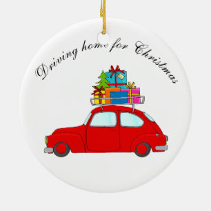 Ornement Rond En Céramique "Rentrer en voiture pour Noël" voiture remorquant
