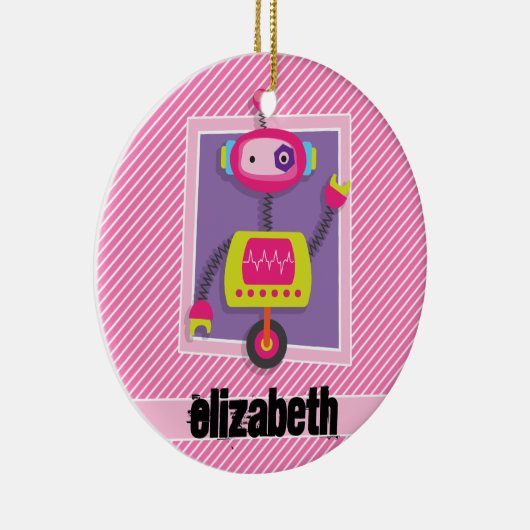 Ornement Rond En Céramique Robot de fille; Grilles roses et blanches (Droite)