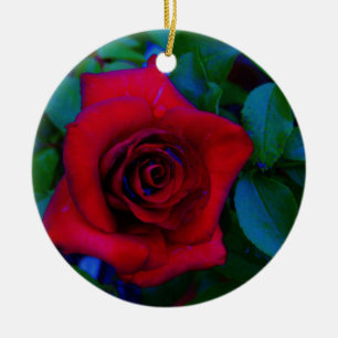 Ornement Rond En Céramique Roses rouges aux tons bleus