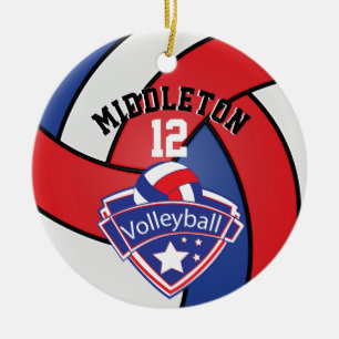 Ornement Rond En Céramique 🏐 Rouge, Blanc et Bleu Personnalisez le volleyb