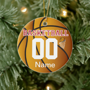 Ornement Rond En Céramique Rouge foncé Personnaliser le basket-ball avec nom