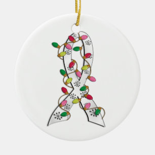Ornement Rond En Céramique Ruban de lumières de Noël de cancer de poumon